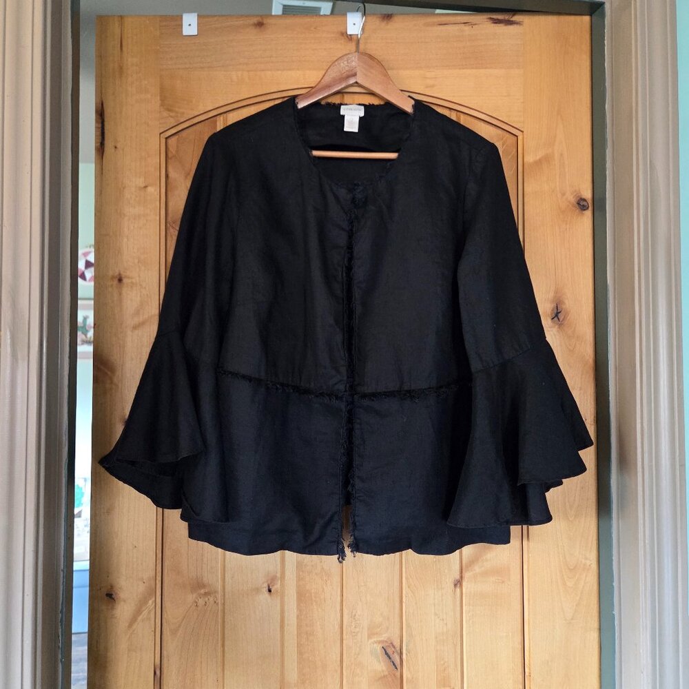 Vintage Chico's Sz 2 (L) Kimono Style Linen Jacket w/Bell Sleeves & Frayed Edge